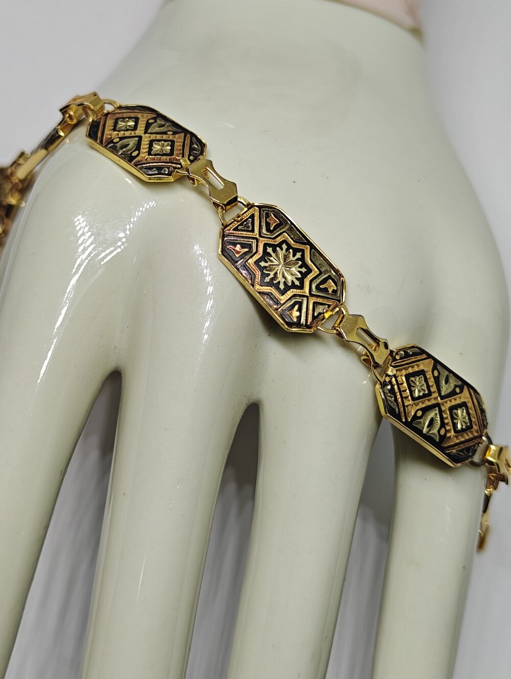 Vintage Damascene Gold Tone Geometric Link bracelet Art Deco Style
